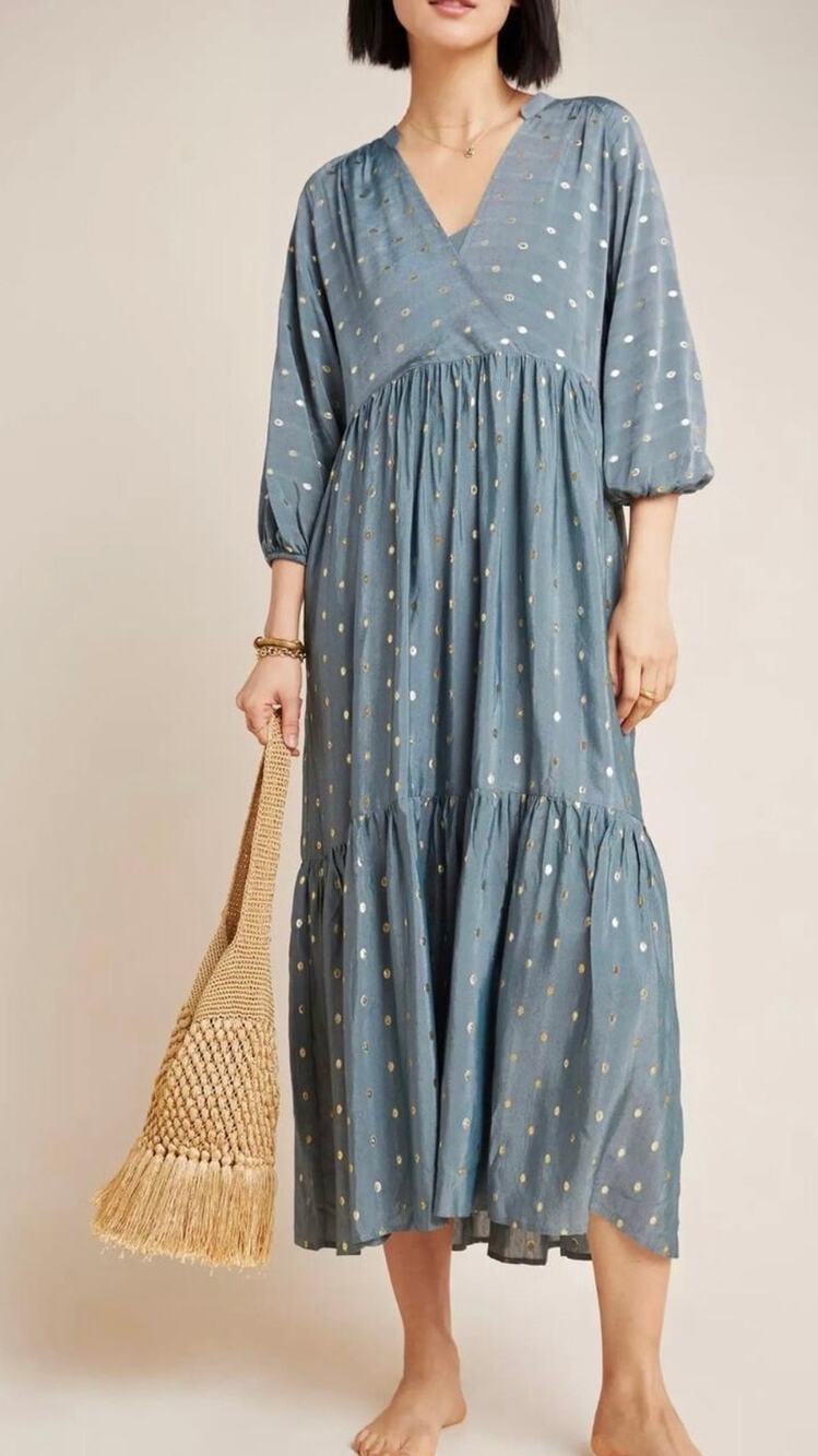 Anthropologie Napoli Wedgewood Blue Metallic Gold Dot Tiered Midi Dress Size L